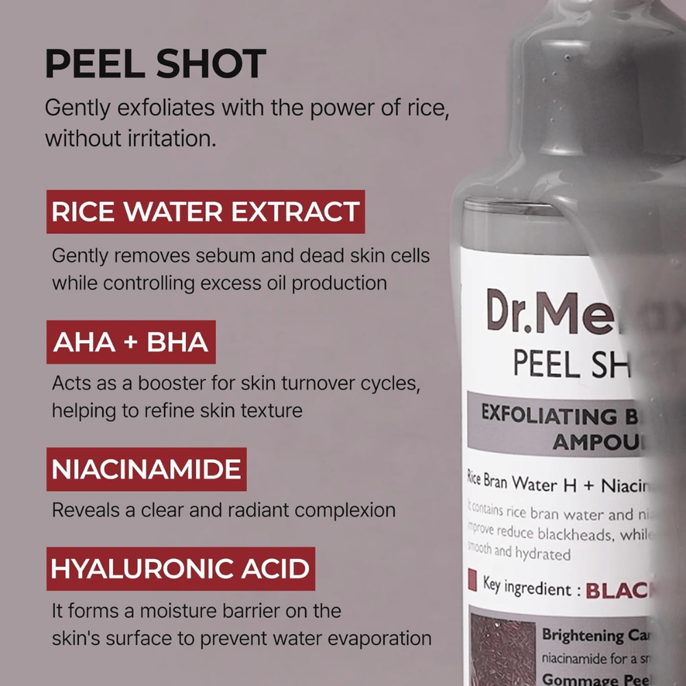 Dr.Melaxin Peel Shot Black Rice Ampoule con extracto de agua de arroz, AHA BHA, niacinamida y ácido hialurónico para exfoliación y refinamiento de poros