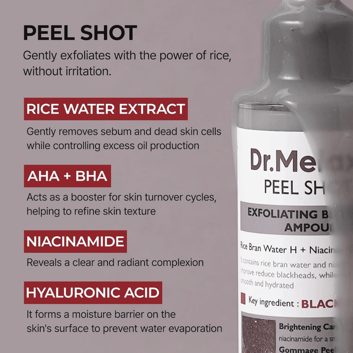 Dr.Melaxin Peel Shot Black Rice Ampoule con extracto de agua de arroz, AHA BHA, niacinamida y ácido hialurónico para exfoliación y refinamiento de poros