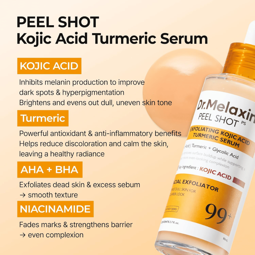 Sérum exfoliante con ácido kójico y cúrcuma que se masajea sobre la piel para reducir la hiperpigmentación y aportar luminosidad