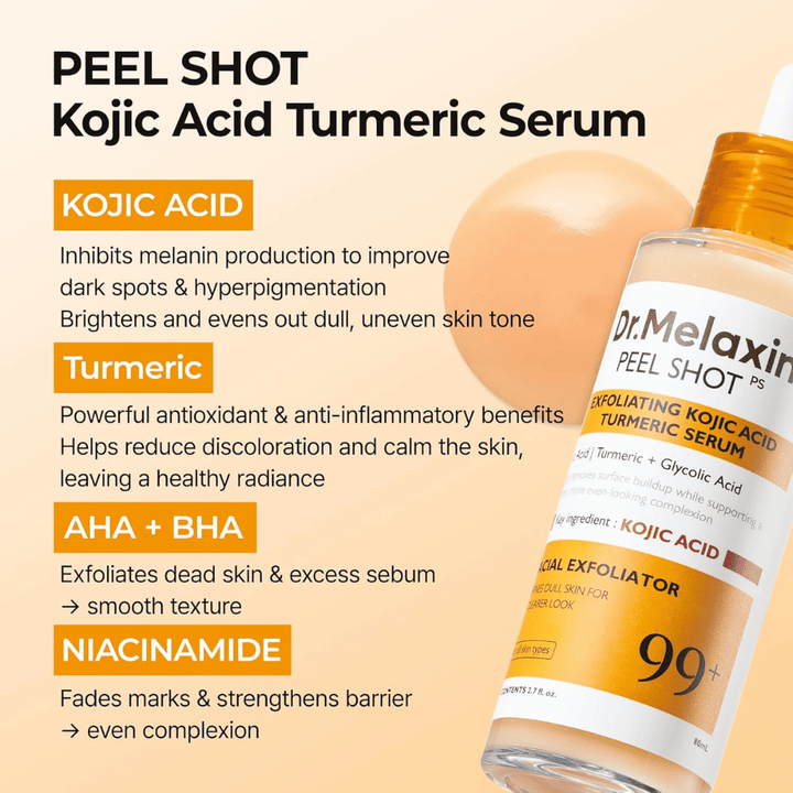 Sérum exfoliante con ácido kójico y cúrcuma que se masajea sobre la piel para reducir la hiperpigmentación y aportar luminosidad