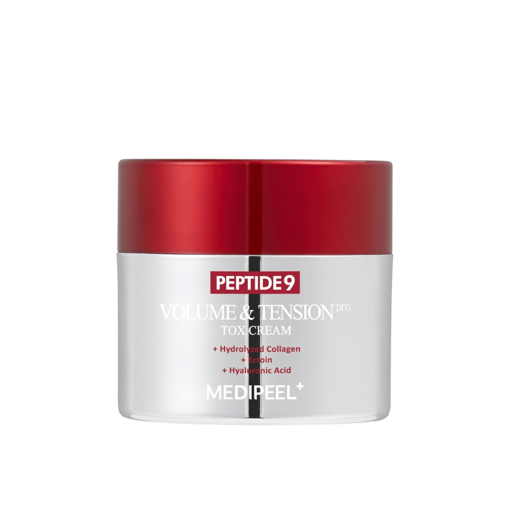 MEDI-PEEL Peptide 9 Volume & Tension Tox Cream en tarro plateado con tapa roja. Una crema anti-envejecimiento con péptidos y colágeno que fortalece la elasticidad de la piel.