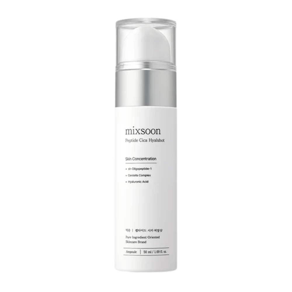 Mixsoon Peptide Cica Hyalshot – suero hidratante con centella y ácido hialurónico en elegante botella blanca con detalles plateados. Adecuado para piel sensible y ayuda a fortalecer la barrera cutánea.