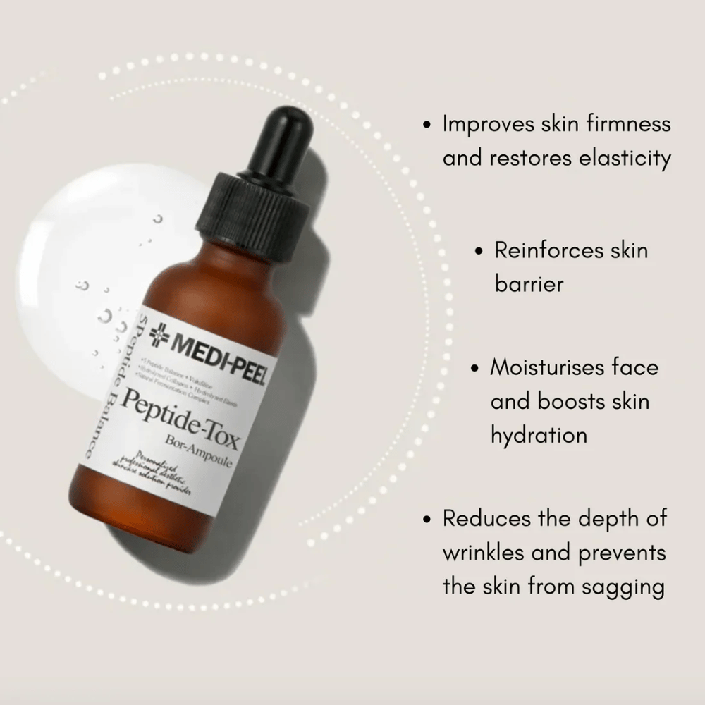 MEDI-PEEL Peptide-Tox Bor Ampoule – suero facial coreano con péptidos que mejora la firmeza de la piel, fortalece la barrera cutánea, hidrata en profundidad y reduce las arrugas visibles.