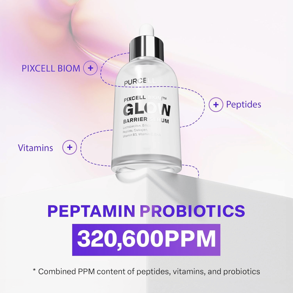 PURCELL Pixcell Biom Glow Barrier Serum con Peptamin Probiotics 320 600 PPM - combinación de péptidos, vitaminas y probióticos.