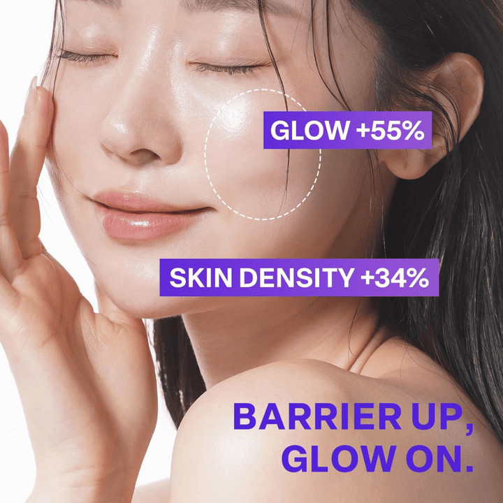 Närbild på kvinna med glödande hy efter användning av PURCELL Pixcell Biom Glow Barrier Serum. Hudens lyster ökar med 55 % och densitet med 34 %.
