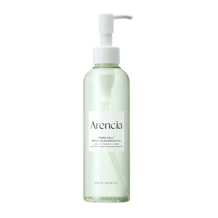 Arencia Pore Melt Mochi Cleansing Oil en vista completa contra fondo blanco, limpieza coreana con botella de bomba que limpia poros y elimina el maquillaje sin irritación.