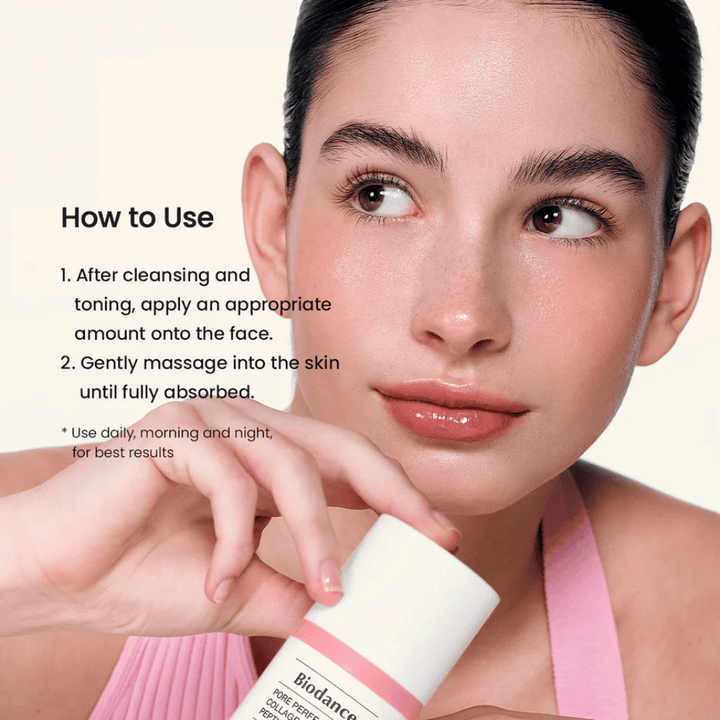 Biodance Pore Perfecting Collagen Peptide Cream aplicación después de la limpieza – crema facial hidratante y reafirmante con péptidos y colágeno