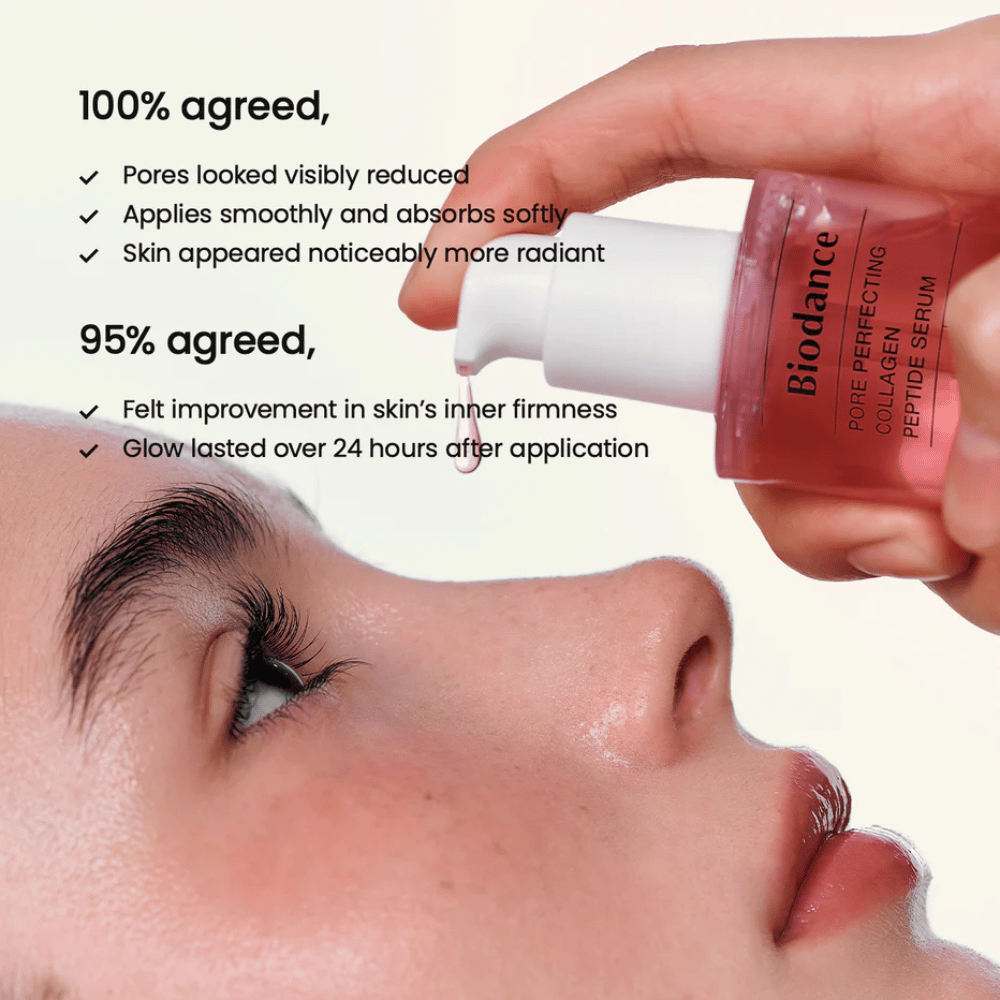 Biodance Collagen Peptide Serum se aplica en el rostro – suero reafirmante para reducir poros y aumentar el brillo.