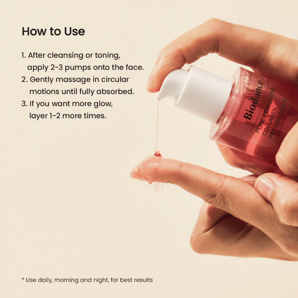 Biodance Pore Perfecting Collagen Peptide Serum se aplica – suero para reducir poros con colágeno y péptidos.