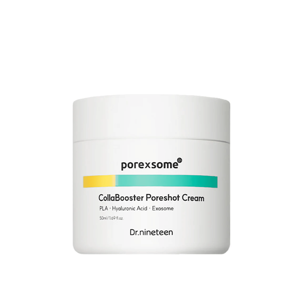Imagen del producto de Porexsome CollaBooster Poreshot Cream en un frasco blanco con detalles de color en amarillo y turquesa. Una crema facial refinadora de poros e hidratante.