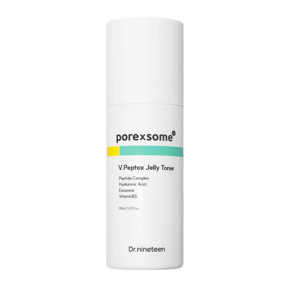 Imagen del producto de Dr.nineteen Porexsome V.Peptox Jelly Toner en botella blanca. Un tónico hidratante con péptidos, exosomas y vitamina B5.