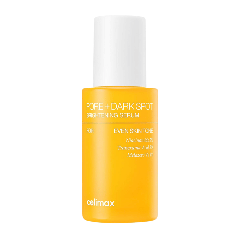 Celimax Pore + Dark Spot Brightening Serum en botella amarilla de pie con tapa blanca, contiene niacinamida, ácido tranexámico y Melazero.