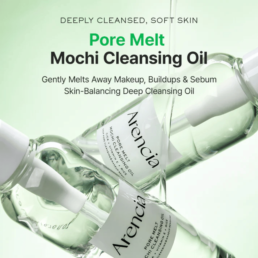 Imagen del producto con beneficios para Arencia Pore Melt Mochi Cleansing Oil, disuelve el maquillaje y el sebo, apoya la barrera de la piel y deja la piel suave sin tirantez.