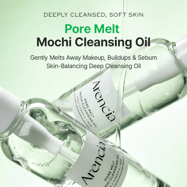 Imagen del producto con beneficios para Arencia Pore Melt Mochi Cleansing Oil, disuelve el maquillaje y el sebo, apoya la barrera de la piel y deja la piel suave sin tirantez.