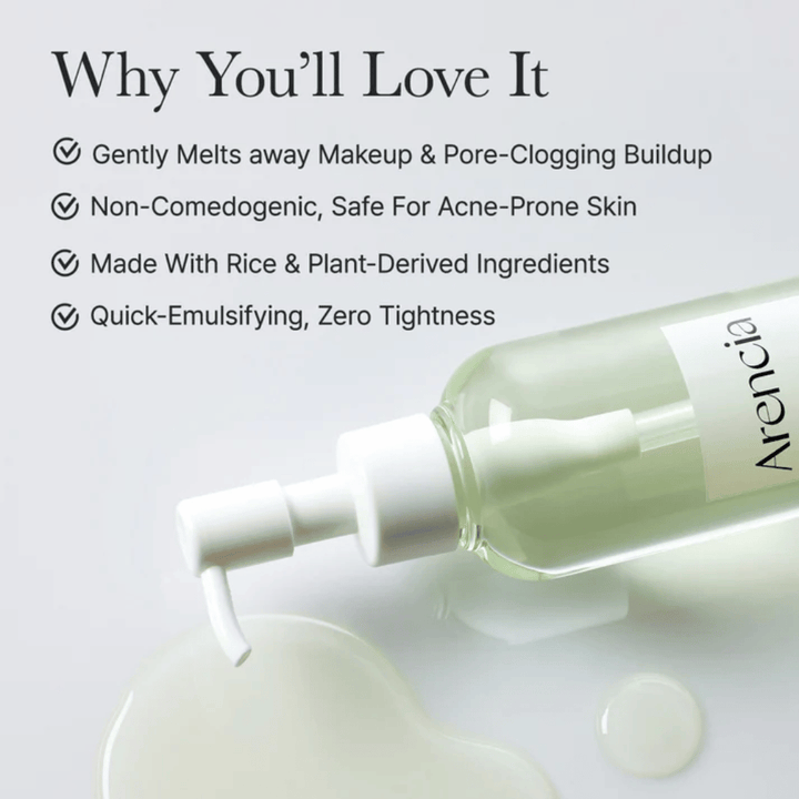 Imagen informativa sobre Arencia Pore Melt Mochi Cleansing Oil como 100 % amigable con los poros y no comedogénica, diseñada para pieles sensibles y propensas al acné.