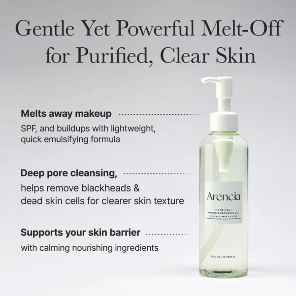 Arencia Pore Melt Mochi Cleansing Oil en vista completa con texto sobre limpieza profunda, disuelve maquillaje, SPF e impurezas mientras mantiene el equilibrio de humedad de la piel.