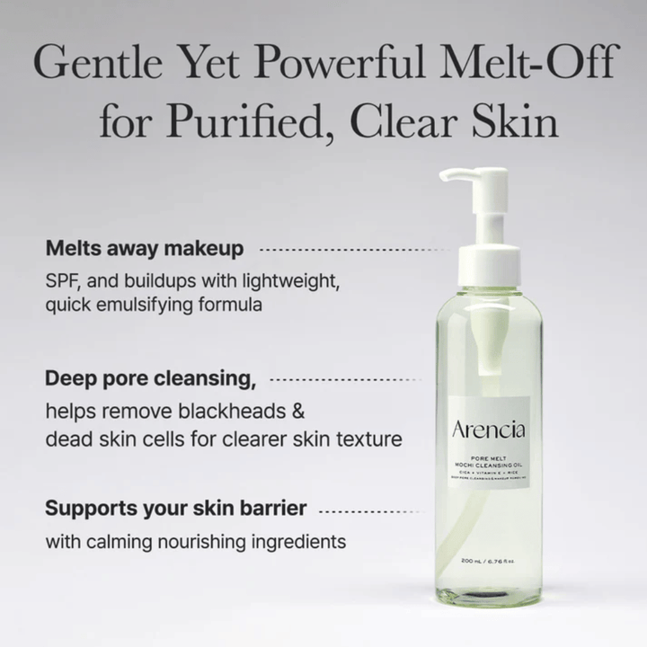 Arencia Pore Melt Mochi Cleansing Oil en vista completa con texto sobre limpieza profunda, disuelve maquillaje, SPF e impurezas mientras mantiene el equilibrio de humedad de la piel.