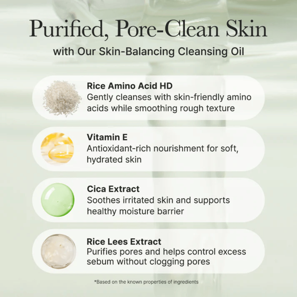 Resumen de ingredientes para Arencia Pore Melt Mochi Cleansing Oil con aminoácido de arroz, vitamina E, extracto de cica y extracto de lees de arroz para limpieza suave y barrera de piel fortalecida.