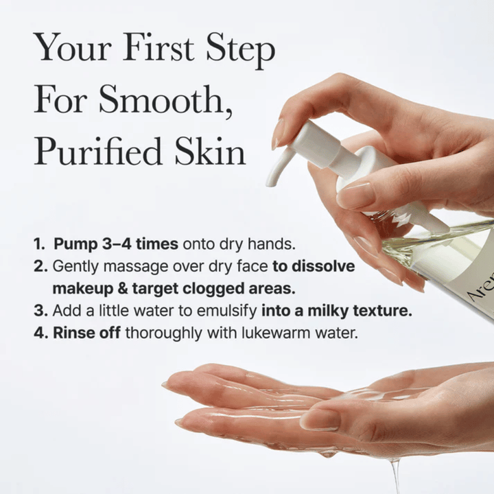 Imagen de instrucciones que muestra cómo Arencia Pore Melt Mochi Cleansing Oil se utiliza como el primer paso en la rutina de limpieza para una piel más suave, limpia y equilibrada.