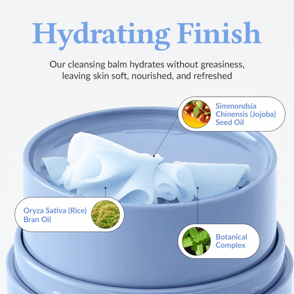 Dr.Althea Pore Refresh Grinding Cleansing Balm con el texto "Hydrating Finish" encima. El producto contiene Simmondsia Chinensis (Jojoba) Seed Oil, Oryza Sativa (Rice) Bran Oil, y un complejo botánico. La crema proporciona un efecto hidratante sin sentirse grasosa, dejando la piel suave, nutrida y fresca.