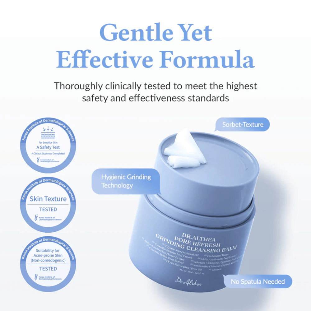 Dr.Althea Pore Refresh Grinding Cleansing Balm con el texto "Gentle Yet Effective Formula" encima. El tarro tiene una textura de sorbete con tecnología de molienda higiénica y no requiere espátula para su uso. Clínicamente probado para pieles sensibles y propensas al acné (no comedogénico).