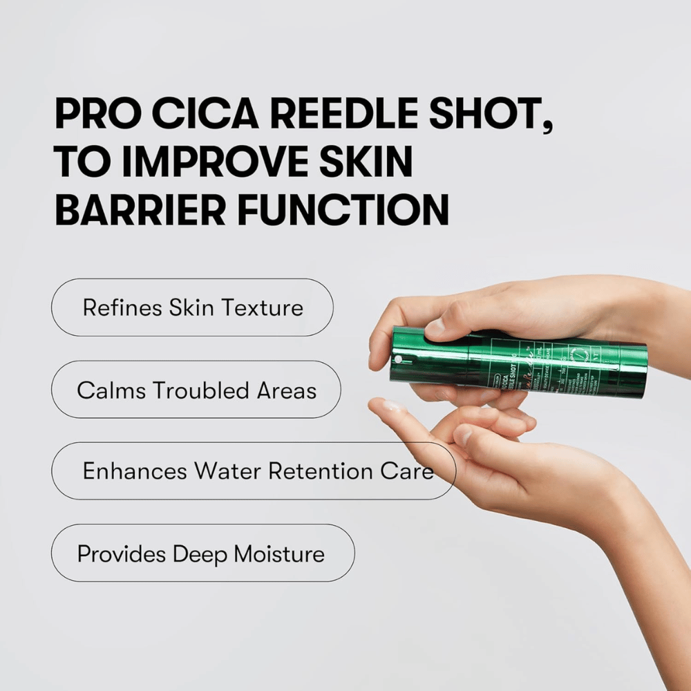VT Cosmetics Pro Cica Reedle Shot 100 se aplica sobre la piel para mejorar la barrera cutánea, calmar la piel sensible y proporcionar hidratación profunda