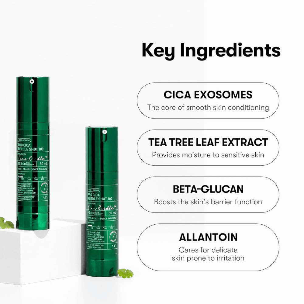 VT Cosmetics Pro Cica Reedle Shot 100 con ingredientes clave como exosomas de CICA, extracto de tea tree, beta-glucano y alantoína para un cuidado de la piel calmante y fortalecedor de la barrera