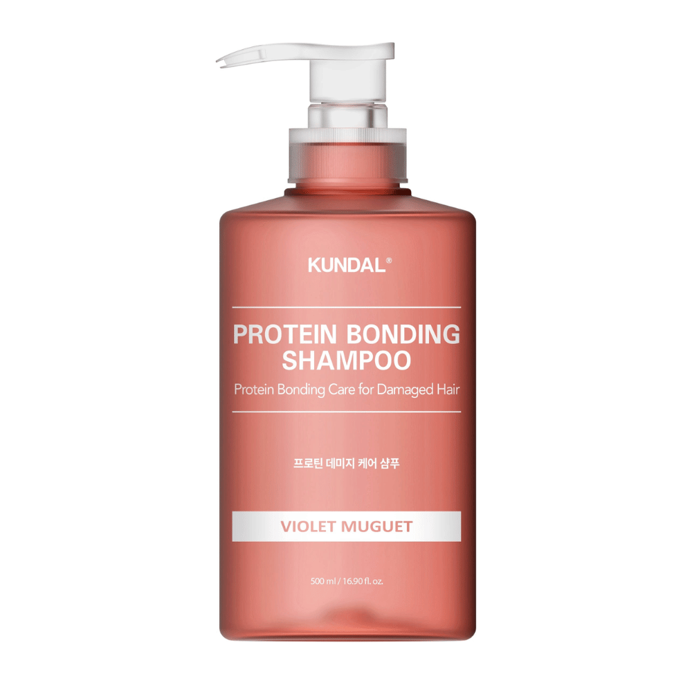 KUNDAL Protein Bonding Shampoo Violet Muguet 500 ml en botella con bomba sobre fondo blanco.