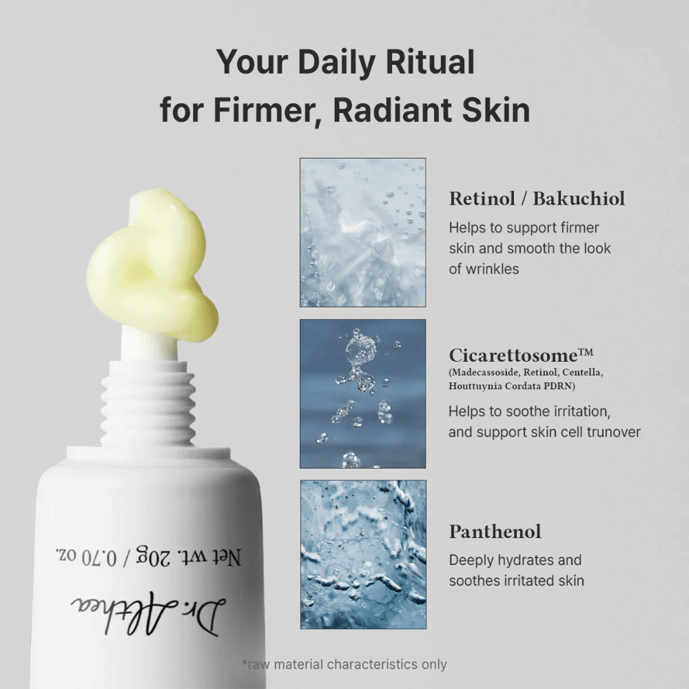 Imagen de ingredientes que muestra algunos de los componentes clave del producto. El retinol y el bakuchiol se presentan para apoyar la firmeza de la piel y reducir los signos visibles de la edad, mientras que el pantenol ayuda a hidratar y calmar la piel. La imagen también contiene la textura cremosa del producto.
