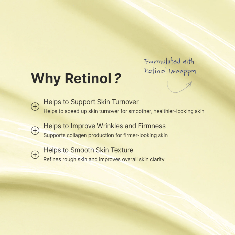 Imagen guía que explica cómo debe introducirse el retinol en la rutina de cuidado de la piel. El enfoque está en usar una cantidad del tamaño de un guisante, comenzar 1–2 veces por semana y aplicar por la noche. La imagen también contiene información importante sobre la precaución durante el embarazo, la lactancia y ante una posible irritación.
