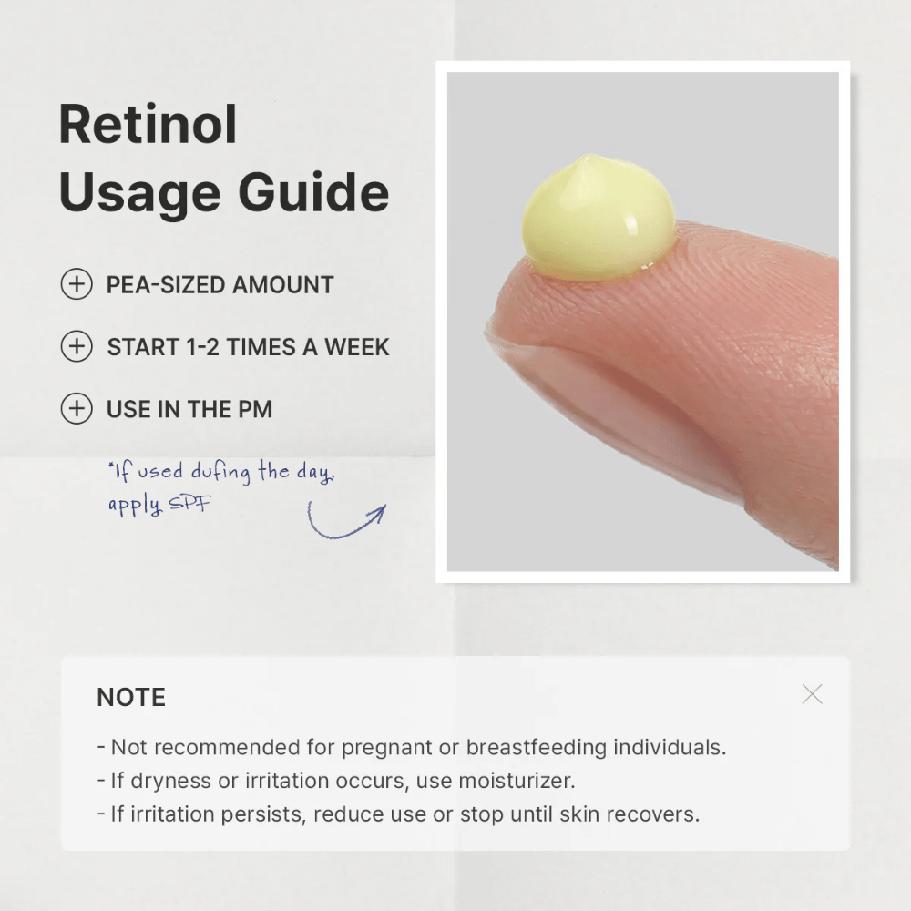 Imagen guía que explica cómo debe introducirse el retinol en la rutina de cuidado de la piel. El enfoque está en usar una cantidad del tamaño de un guisante, comenzar 1–2 veces por semana y aplicar por la noche. La imagen también contiene información importante sobre la precaución durante el embarazo, la lactancia y ante una posible irritación.
