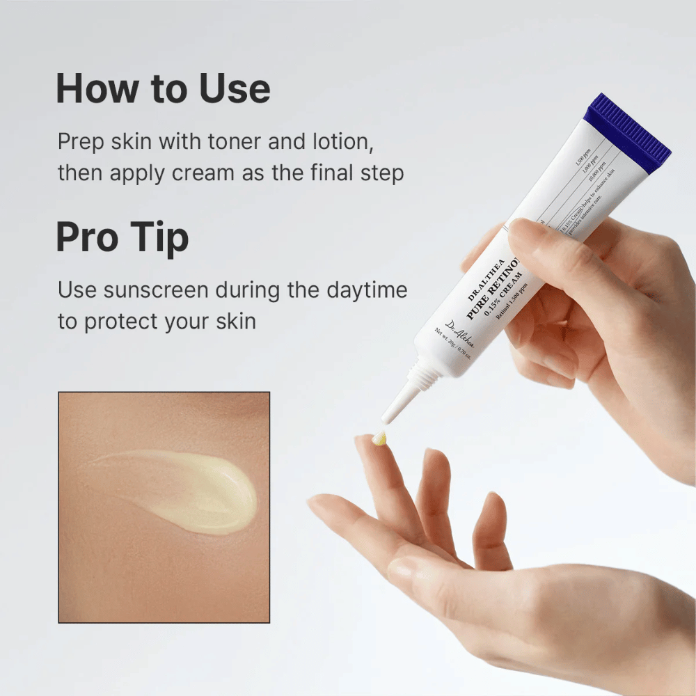 Imagen instructiva que muestra cómo se aplica Dr. Althea Pure Retinol 0.15% Cream. Una mano sostiene el tubo mientras se presiona una pequeña cantidad de crema sobre la yema del dedo. La imagen también contiene un primer plano de la textura cremosa de color amarillo claro y recomienda protección solar durante el día al usar retinol.