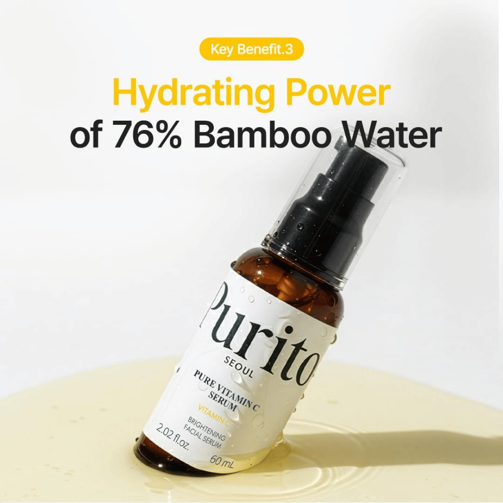 Purito SEOUL Pure Vitamin C Serum con 76 % de agua de bambú que ayuda a hidratar la piel mientras el sérum aporta luminosidad.