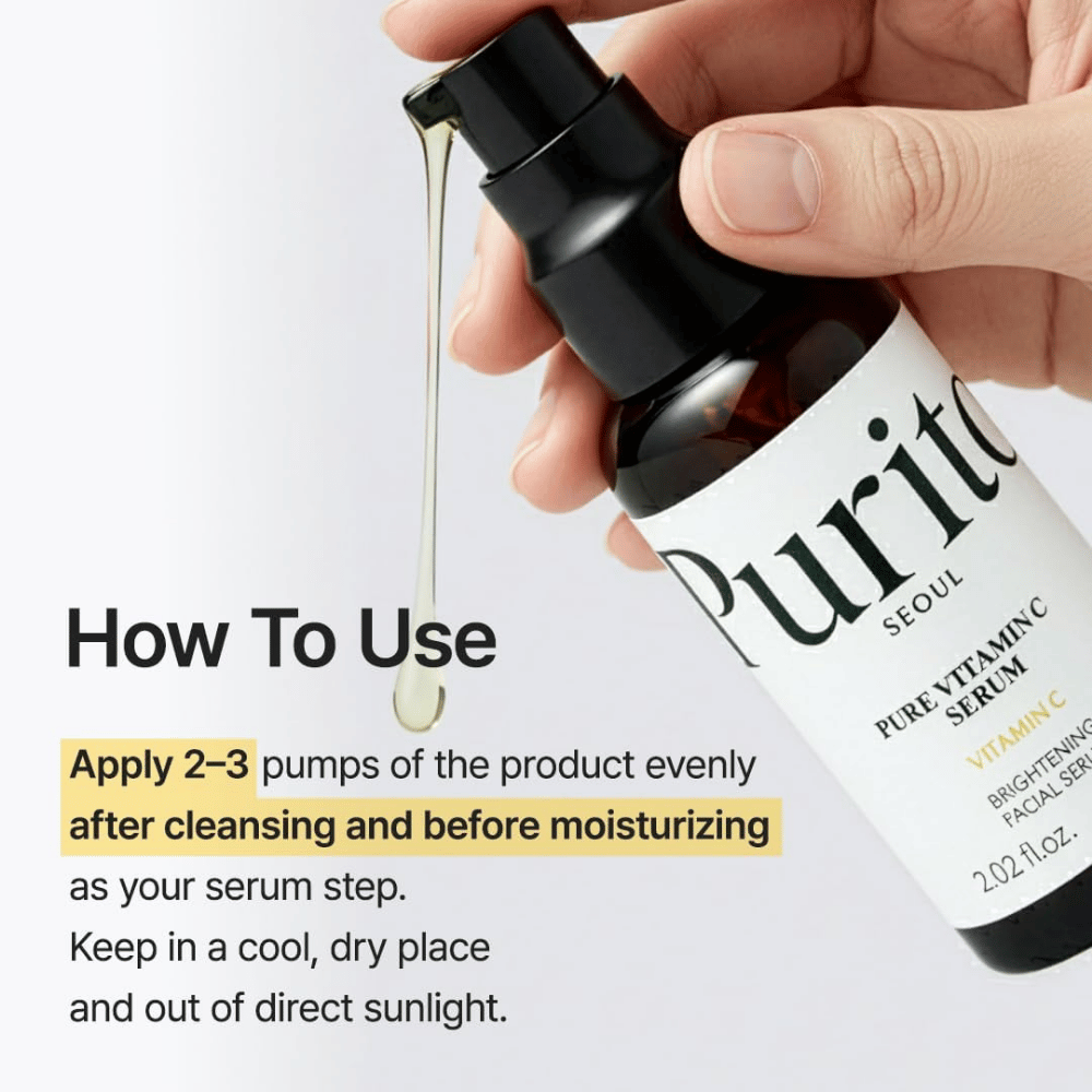 Cómo usar Purito SEOUL Pure Vitamin C Serum – aplica 2–3 pulsaciones después de la limpieza y antes de la crema facial como el paso de sérum en la rutina de cuidado de la piel.