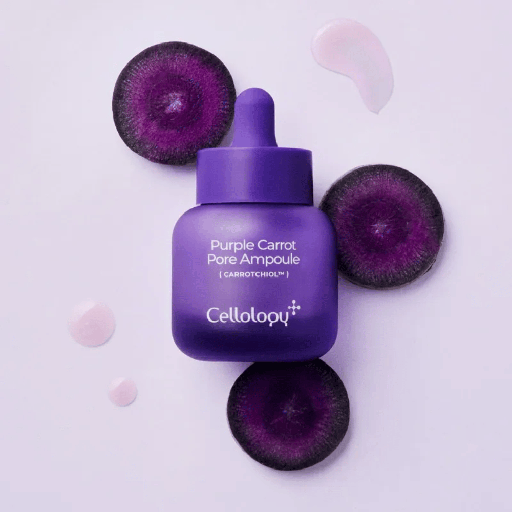 Cellology Purple Carrot Pore Ampoule con zanahoria morada y Carrotchiol para el cuidado de los poros y una sensación de piel más suave.