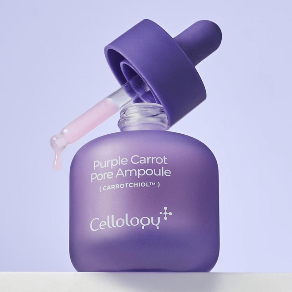Cellology Purple Carrot Pore Ampoule con gotero que muestra la consistencia suave y cremosa de la ampolla.