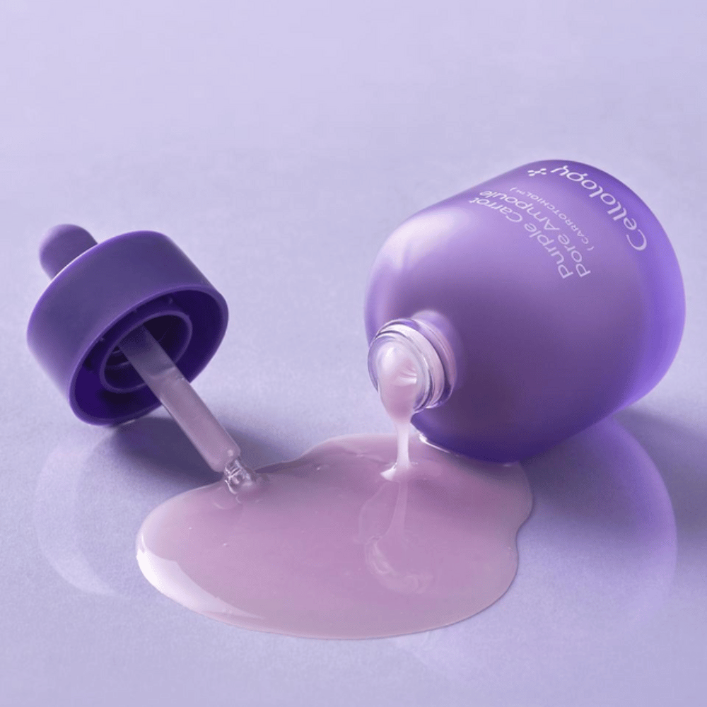 Cellology Purple Carrot Pore Ampoule con gotero y textura de sérum cremosa para el cuidado de los poros visibles.