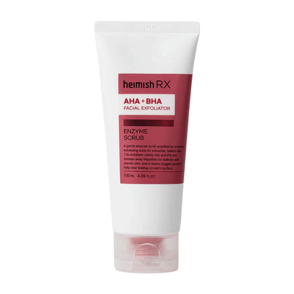 Heimish RX AHA + BHA Enzyme Scrub en un tubo blanco con etiqueta roja. Un exfoliante facial que contiene AHA y BHA para eliminar impurezas y mejorar la textura de la piel. El producto está colocado sobre un fondo blanco.