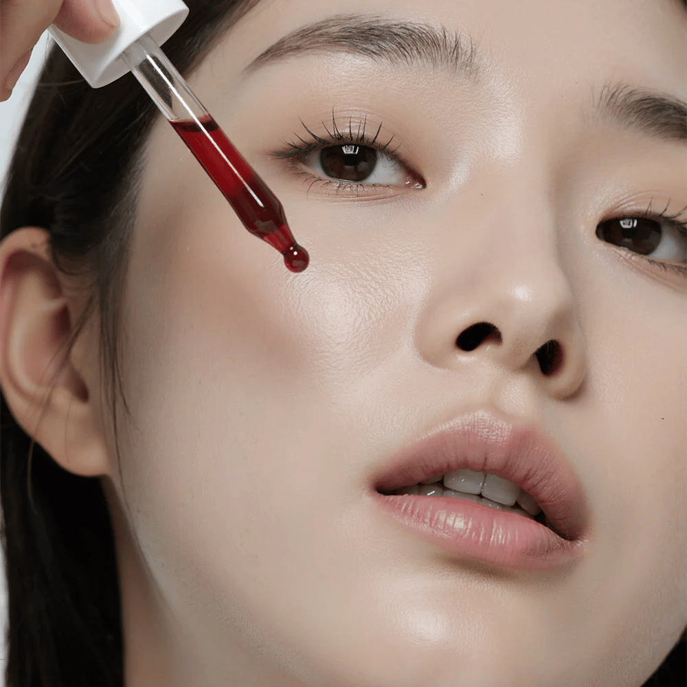 Primer plano de una mujer con piel suave aplicando Heimish RX AHA BHA 30% Peeling Serum con una pipeta, donde una gota roja está a punto de tocar su mejilla.