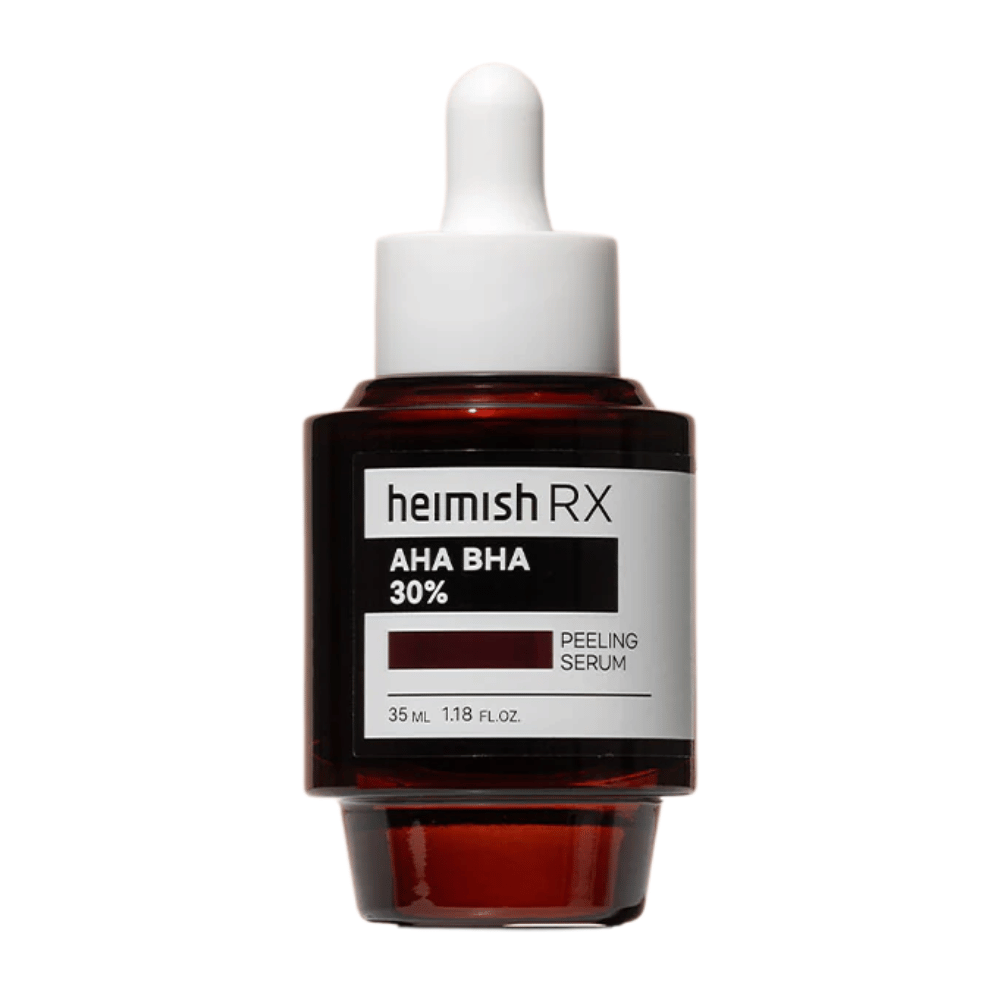 Heimish RX AHA BHA 30% Peeling Serum en un frasco de vidrio rojo oscuro con pipeta, diseñado para exfoliar y mejorar la textura de la piel.