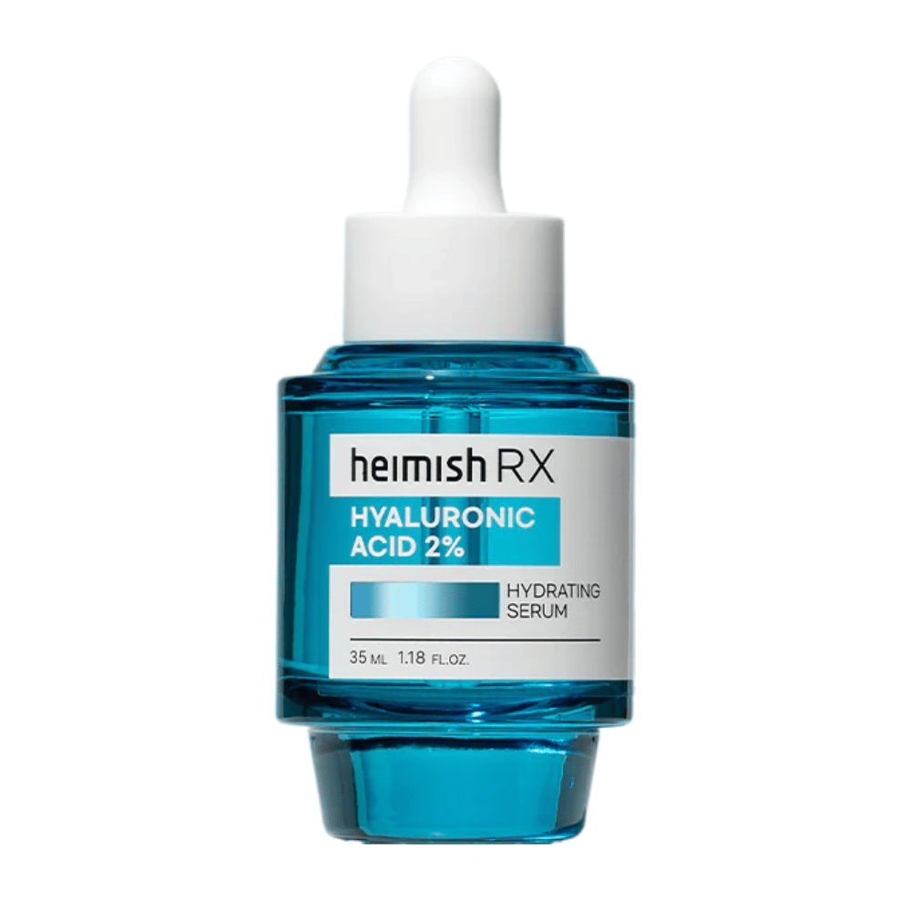 Heimish RX Suero Hidratante de Ácido Hialurónico 2% en una botella de vidrio azul con tapa de pipeta, diseñado para una hidratación intensa de la piel.