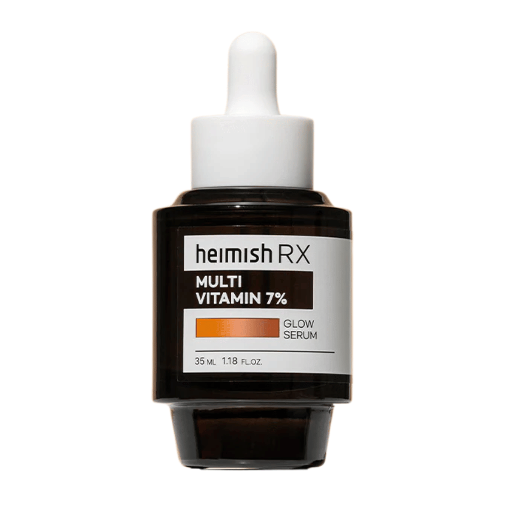 Heimish RX Multi Vitamina 7% Glow Serum en una botella de vidrio oscuro con tapa de pipeta, diseñada para dar brillo y nutrición a la piel.