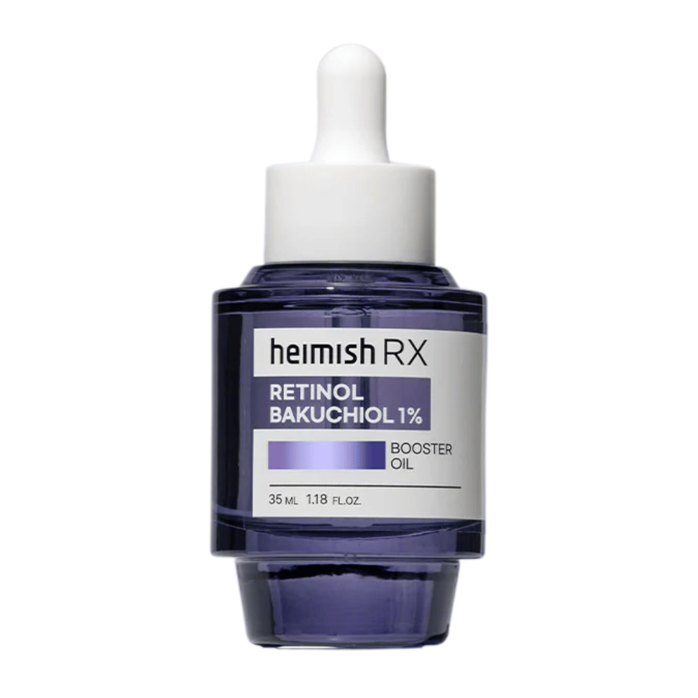 Heimish RX Retinol Bakuchiol Booster Oil en una elegante botella de vidrio morado con pipeta, diseñada para mejorar la elasticidad de la piel y reducir las líneas finas.