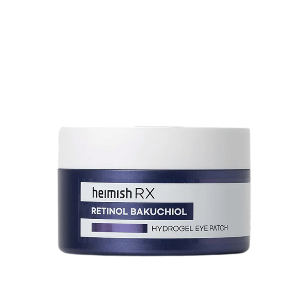 Heimish RX Retinol Bakuchiol Hydrogel Eye Patch en un tarro azul oscuro con tapa blanca. Parches para ojos intensamente hidratantes y reafirmantes para una apariencia más juvenil.