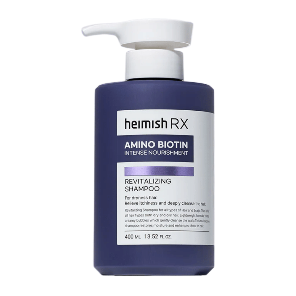 Heimish RX Amino Biotin Revitalizing Shampoo 400 ml – champú nutritivo para cabello seco y sin vida, con biotina y aminoácidos para fortalecer e hidratar el cabello y el cuero cabelludo.