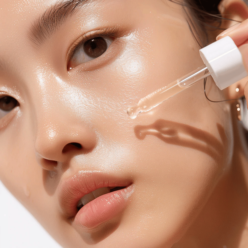 Primer plano de una persona con piel radiante aplicando Heimish RX Retinol Bakuchiol Booster Oil con una pipeta. El aceite se deja caer suavemente sobre la mejilla para una hidratación y nutrición intensivas.