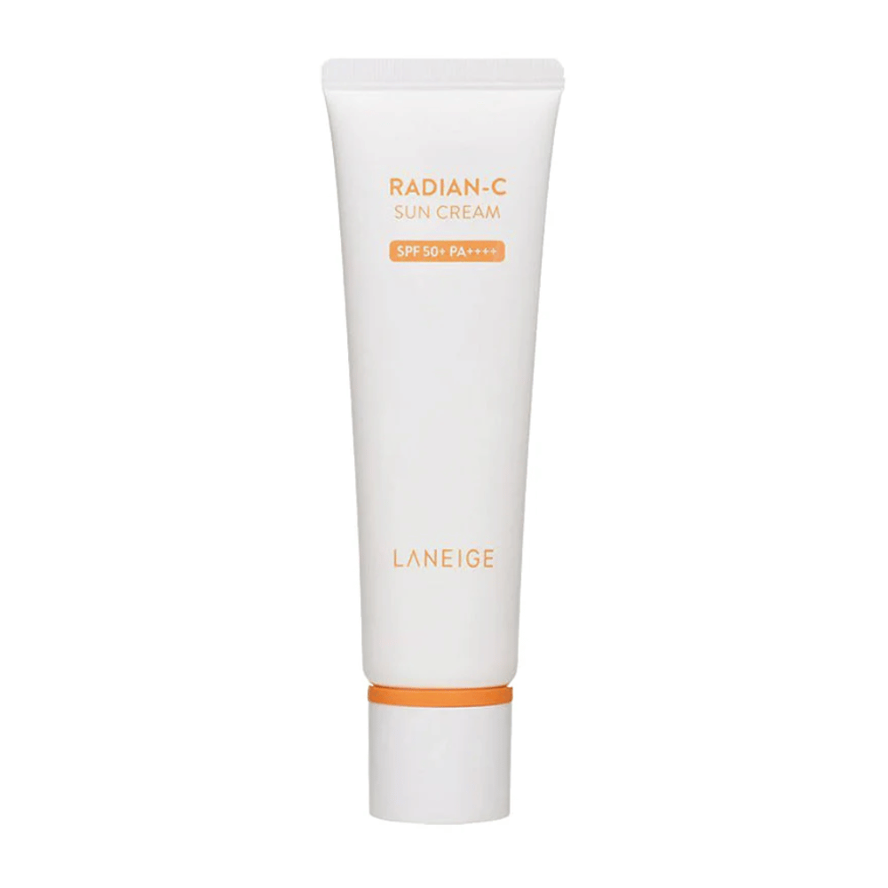 LANEIGE Radian-C Sun Cream SPF 50+ PA++++ en tubo blanco con texto naranja, aislado sobre fondo blanco.