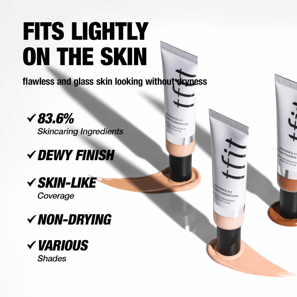 Tubos de TFIT Radiance Fit Serum Foundation colocados sobre crema de base con texto que destaca las propiedades del producto, incluyendo ingredientes hidratantes, acabado húmedo y cobertura similar a la piel.