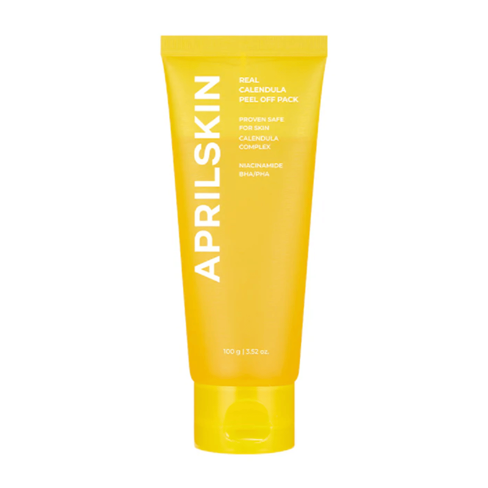 La imagen muestra un tubo amarillo con "Real Calendula Peel Off Pack" de APRILSKIN. El producto contiene ingredientes como caléndula, niacinamida, así como BHA y PHA para exfoliar la piel suavemente.
