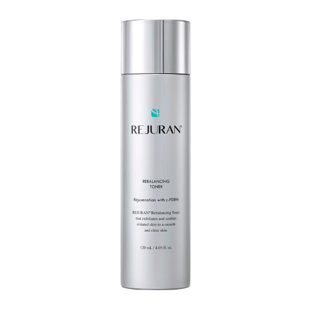 Rejuran Rebalancing Toner 120 ml, tónico facial equilibrante con C-PDRN en una botella plateada con tapón brillante sobre fondo blanco.
